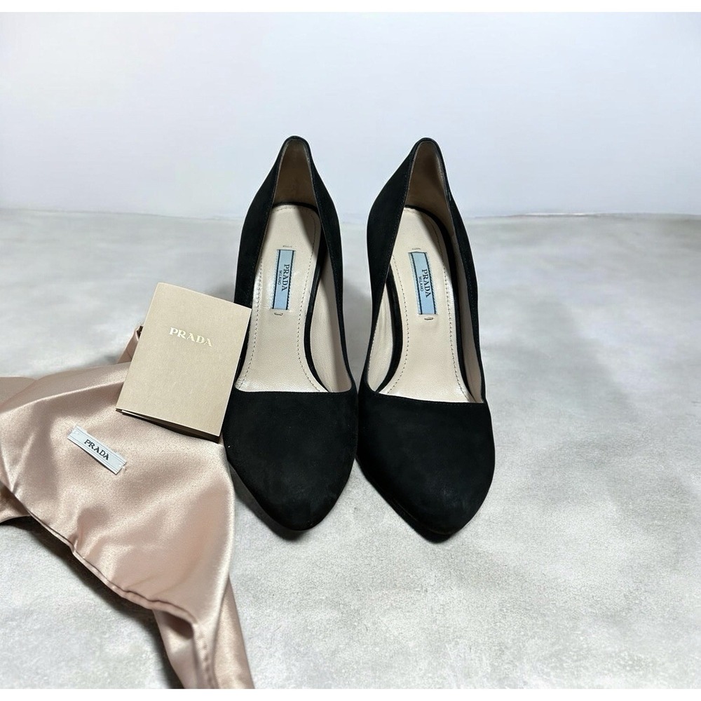 Prada Black Suede Metal Heel Pumps Size 37.5 EU w/ Box Dust Bag Cards